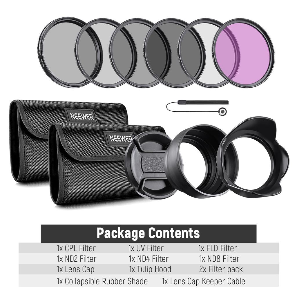 Комплект ND-фильтров NEEWER и аксессуары для объектива Фильтр с объективом Бленда для объектива Совместим с камерами общего назначения 37 мм 40,5 мм ND2/ND4/ND8/UV/FLD/CPL