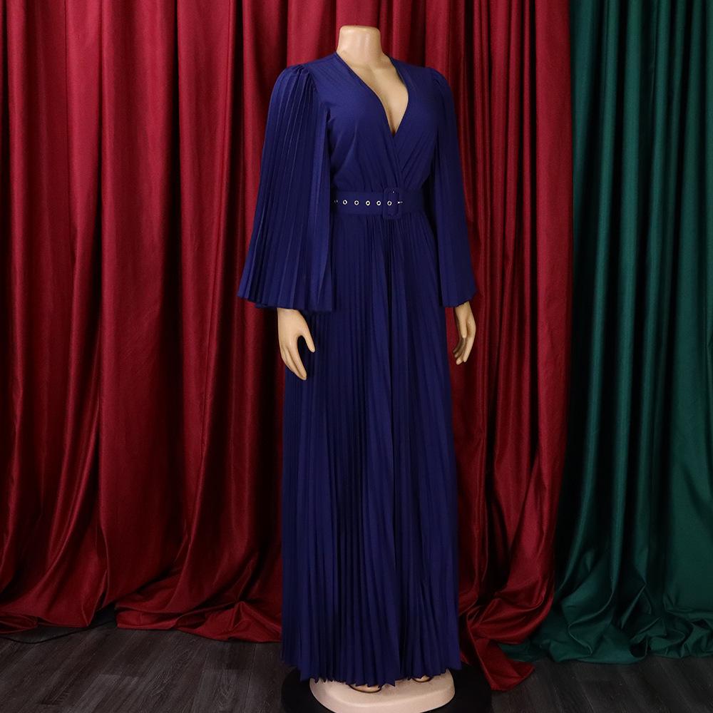 Европейское и американское женское сексуальное плиссированное вечернее платье макси с V-образным вырезом