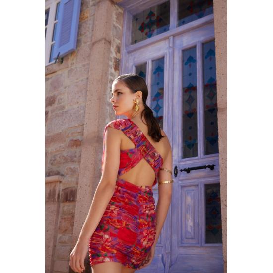 Multicolored Fitted Lined Knitted Floral Pattern Dress