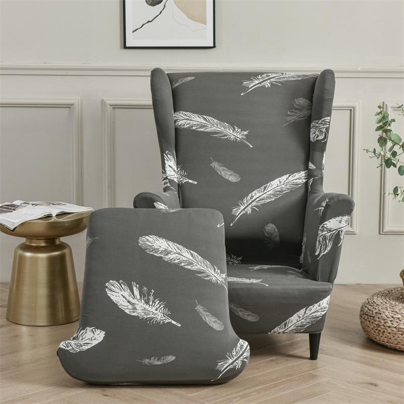 Feather Pattern Wing Chair Cover Stretch Spandex Armchair Covers Removable Relax Single Sofa Slipcovers With Seat Cushion Covers