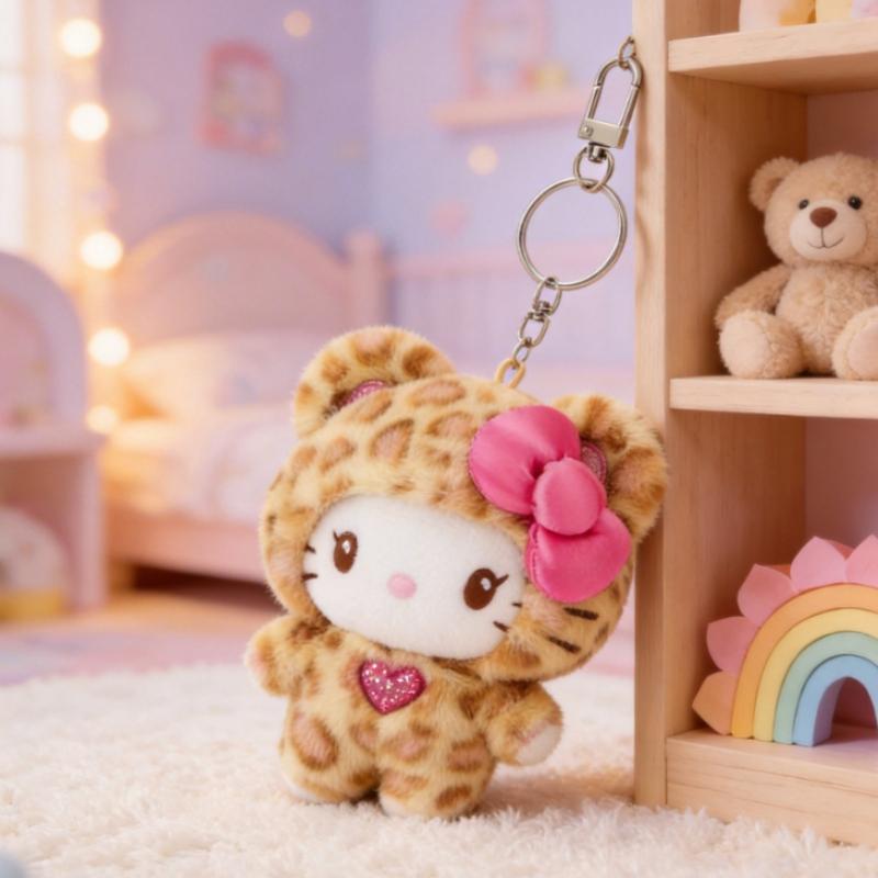 Серия Sanrio с леопардовым принтом Плюшевый брелок-подвеска для сумки Hello Kitty Сладкий подарок на день рождения для детей и девочек