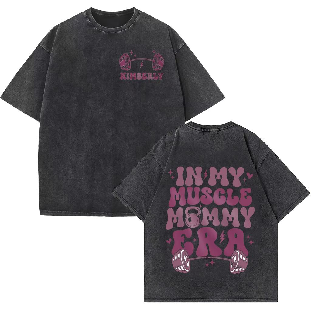 Muscle Mommy Gym Fitness Vintage Washed T Shirts Men's Women O-Neck Short Sleeves Casual Cotton Free Tops