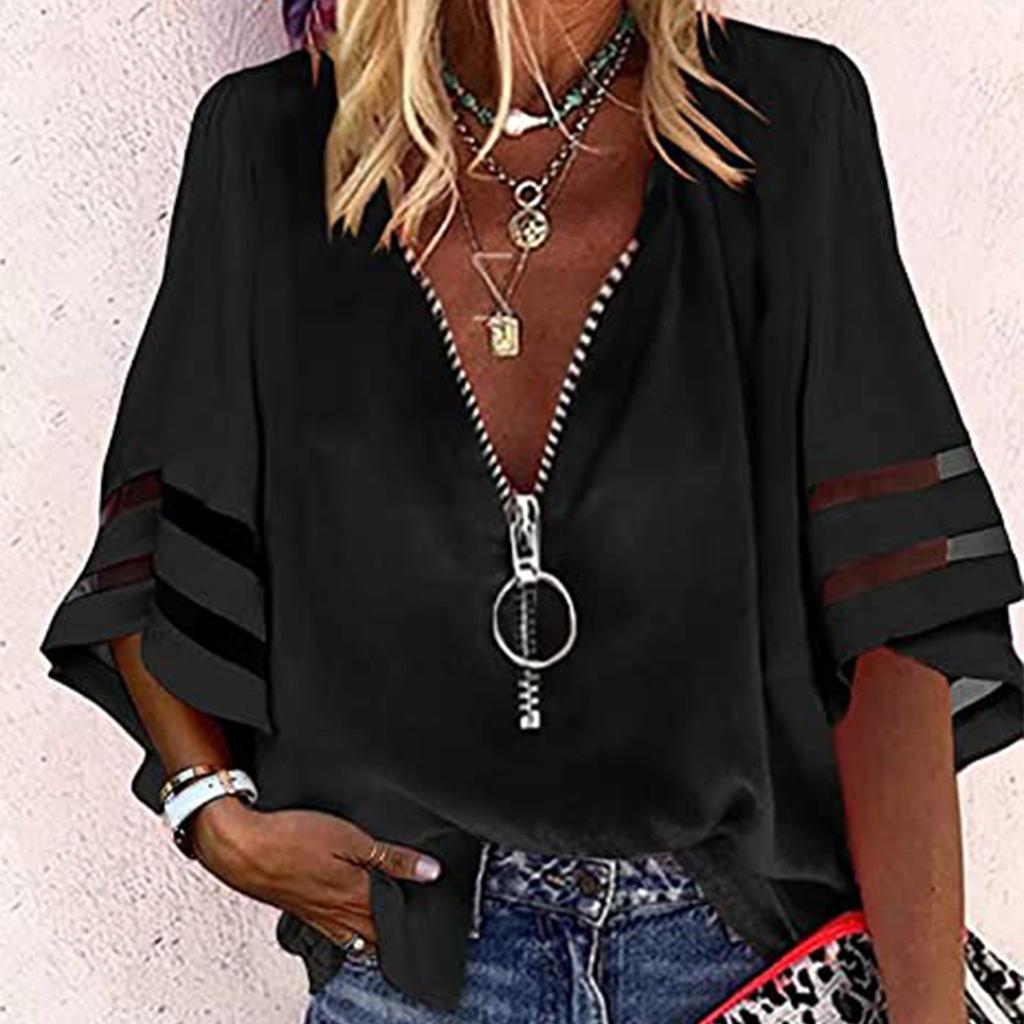 Women's Fashion Solid Colour Casual Loose Mid Sleeve Patchwork T-Shirt Top