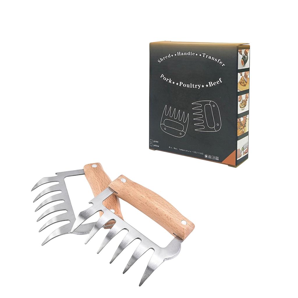 Meat Handler Shredder Claws Set Of 2 - Wood Stainless Steel BBQ Pulled Pork For Shredding Handing Carving Food