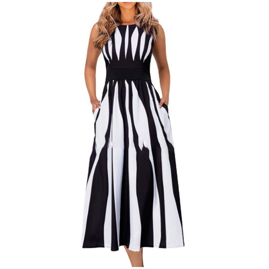 Женское летнее модное повседневное полосатое платье с принтом, с круглым вырезом и закрытой талией, утягивающая юбка без рукавов