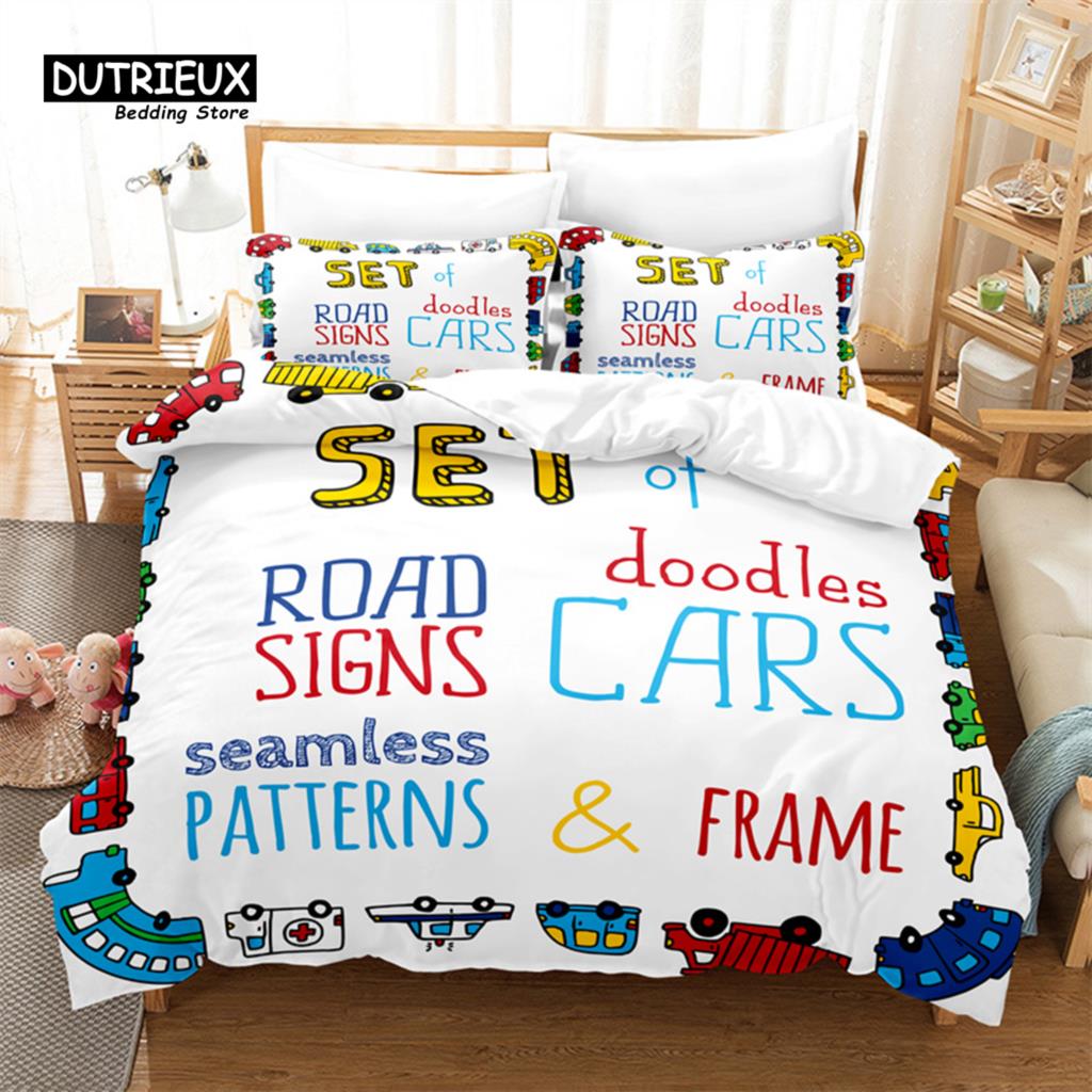 Cartoon Car Bedding Set, 3Pcs Duvet Cover Set, Soft Comfortable Breathable Duvet Cover, For Bedroom Guest Room Decor