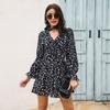 Women's Fashion Drawstring V-neck Long Sleeve Floral Printed Chiffon Dress