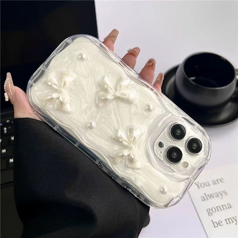Милый 3D Чехол для телефона с жемчужным бантом и волнами для iPhone 17 Air 16 15 14 13 12 11 Pro Max Plus Мягкий ударопрочный бампер Защитная крышка