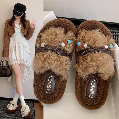 Корейские женские тапочки на толстой подошве и с пушистой отделкой, для ношения в 2025 году, новые осенне-зимние хлопковые тапочки мягкой подошвой и в сочетающейся расцветке