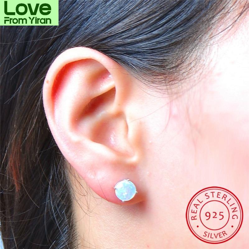 Blaike 100 %925 Sterling Silver White Fire Opal Stud Earrings For Women Fine Jewelry 8mm Round Stone Studs Birthstone Earrings