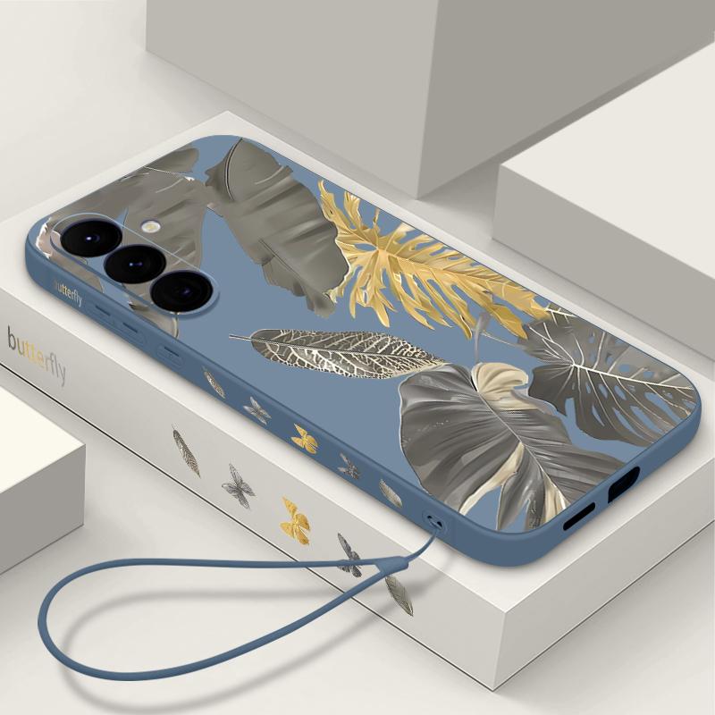 Силиконовый чехол для телефона с узором из увядших листьев для Samsung Galaxy A56 A17 A26 A16 A36 A55 A54 A53 A15 S24 S25 S25 S22 S23 Plus с шнурком, мягкий чехол