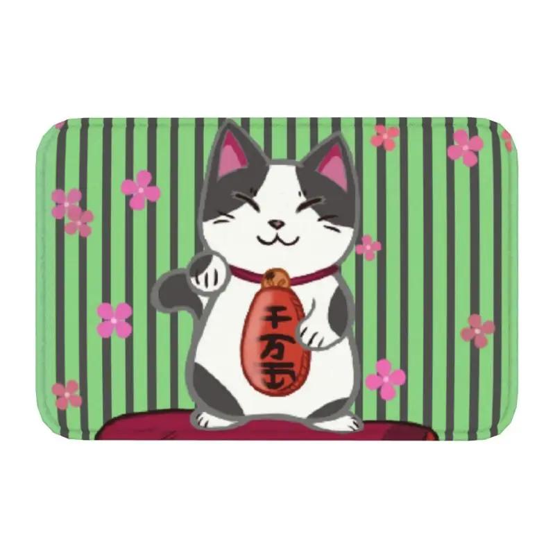 Custom Kawaii Maneki Neko Lucky Cat Doormat Non-Slip Entrance Bath Kitchen Floor Door Mat Japanese Geisha Art Garden Carpet Rug