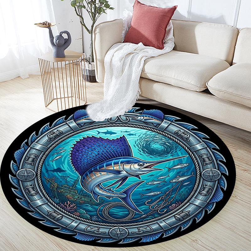 Marine Life Through Porthole Round Area Rug Under Office Chairs Bedroom Living Room Home Decor