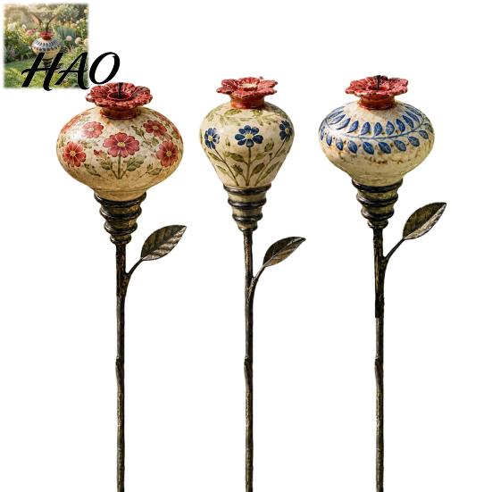 Colorful Flower Shaped Feeder Hummingbird Garden Stake, Vintage Ceramic Feeder, Feeding Port, Floral Bird Nectar for Outdoor Backyard Lawn Deck Decor