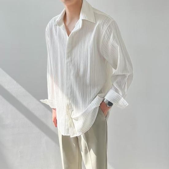 Летняя мужская рубашка с отложным воротником и длинными рукавами, плиссированный однобортный свободный однотонный кардиган на пуговицах, тонкий деловой офис