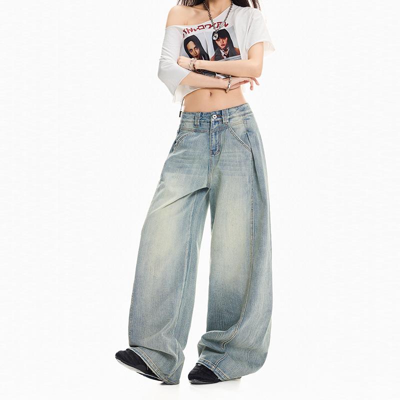 Bamboo pattern retro splicing jeans women's autumn washed old loose casual wide-leg pants