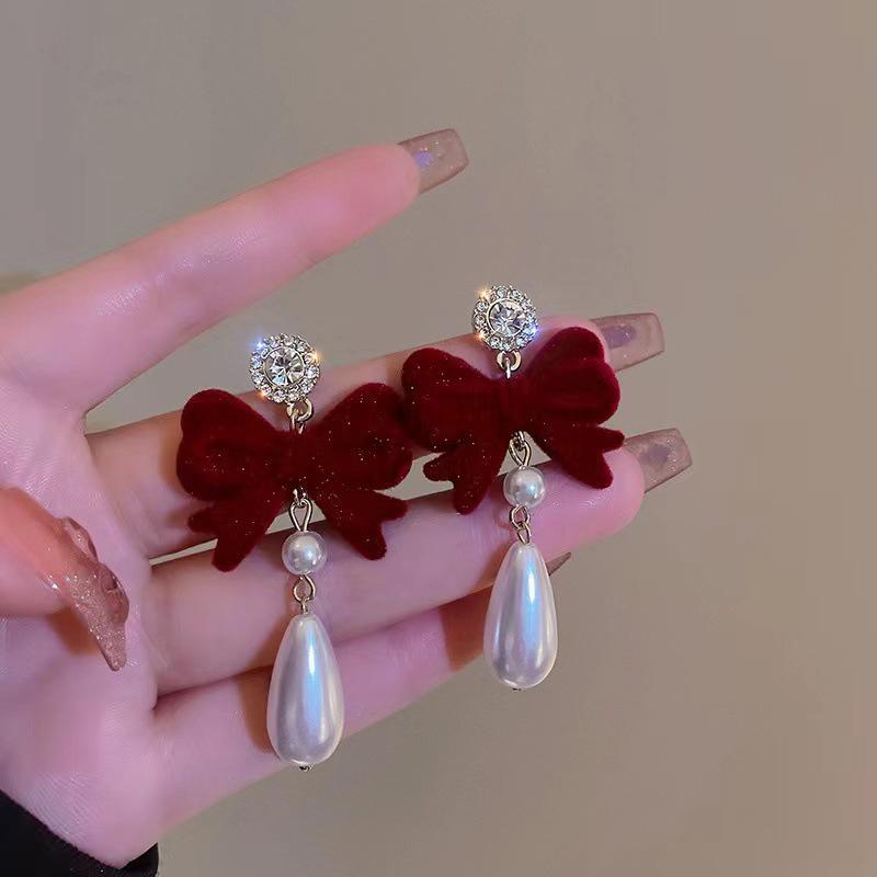 Серьги-бантики из красной флокированной ткани, темпераментные серьги с длинными бахромой в виде сладких цветов