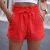 Women Summer Shorts Drawstring Elastic Waist Shirring Edge Hollow Out Side Pockets Solid Color Loose Above Knee Length Casual Sport Daily Mini Shorts