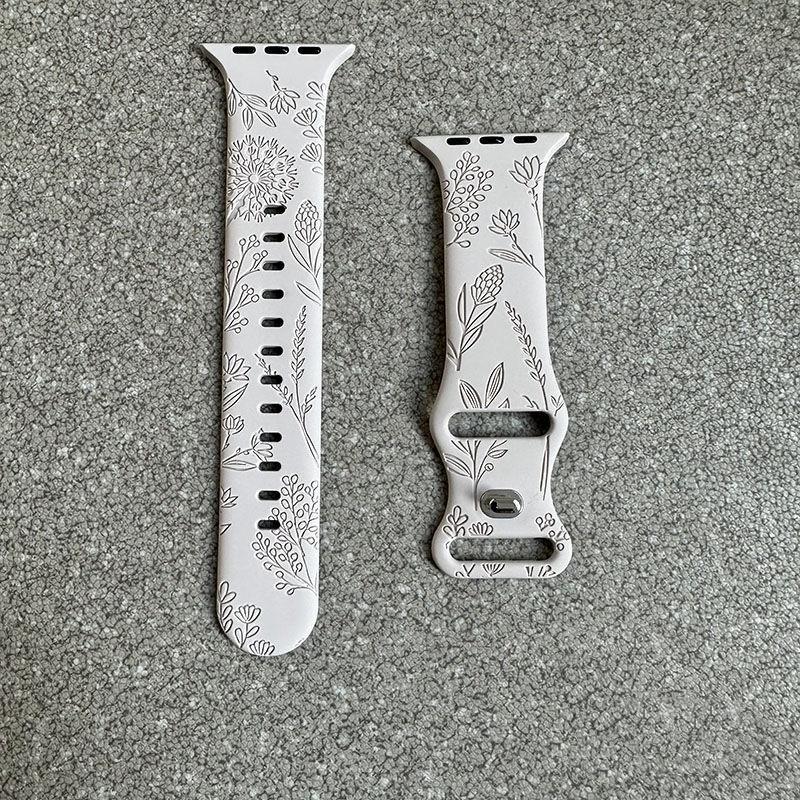 Silicone Watch Strap For Apple Watch Band Fashion Pattern Flower Engraving 49/44/45/40/42/38mm iWatch Series Ultra Band