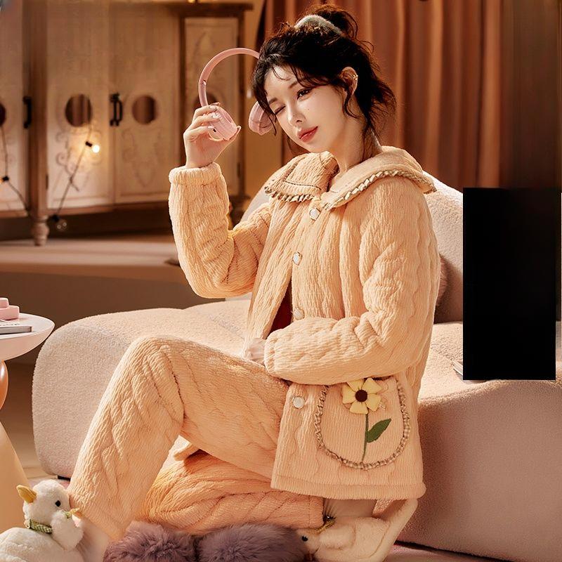 Коралловая бархатная пижама женская зимняя трикотажная стеганая куртка из толстой фланели корейский кашемировый женский комплект домашней одежды можно носить на улице