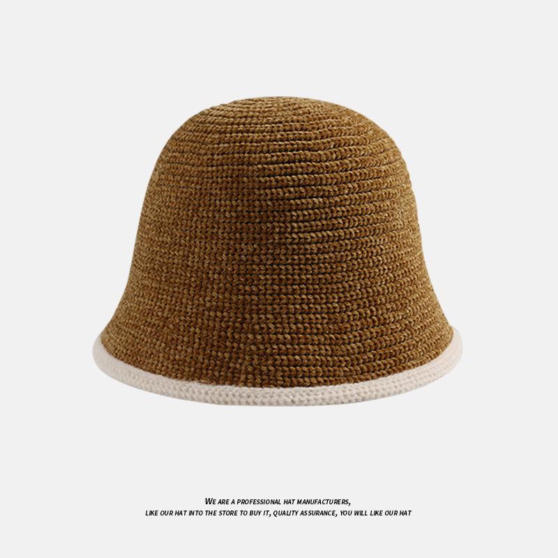 Autumn and Winter Solid Color Warm Hat for Women Japanese Simple Knitted Fisherman Hat Korean Face-showing Small Chenille Casual Basin Hat