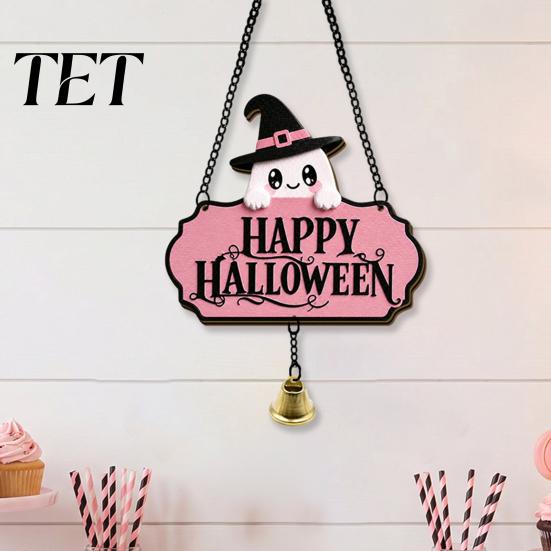Decorative Skull Doorbell Halloween Cute Witch Hat Ghost Door Sign, Wooden Hanging Decoration, Pink Sign Pendants for Indoor Outdoor Home Wall