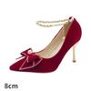 Spring and Autumn Fleece French Pointed Thick Heels Bow High Heels Red Wedding Shoes