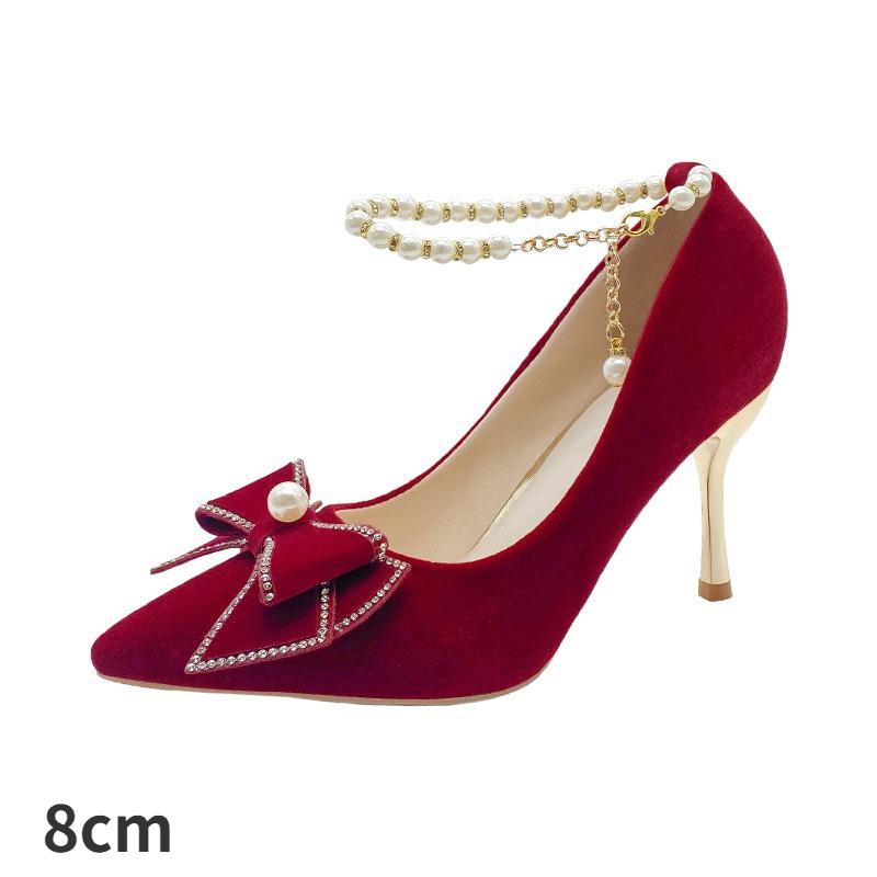 Spring and Autumn Fleece French Pointed Thick Heels Bow High Heels Red Wedding Shoes