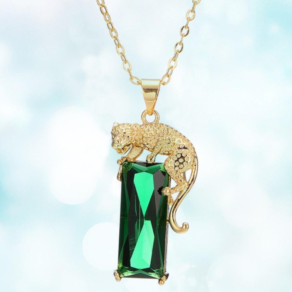 Golden Panther Pendant Necklace with Green Tourmaline Crystal Silver Jewelry for Women