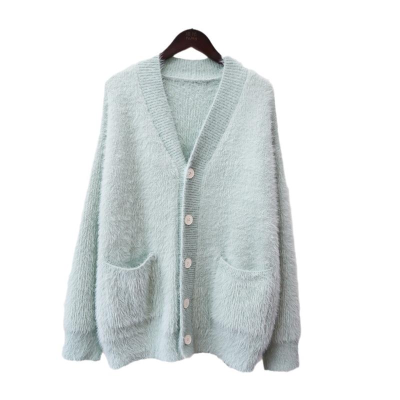Вязаный кардиган из искусственного норкового бархата, женский, свободный, с V-образным вырезом, универсальный, однотонный, осенне-зимний, новый, куртка-свитер, толстый