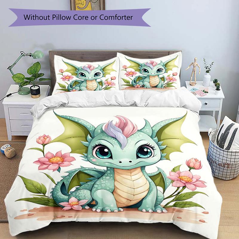 3pcs Green Cute Dragon Printed Duvet Cover Set (1 * Cover+2 * Pillowcase, Without Core), Suitable for Home Bedroom, Guest Room, Dormitory Decorat