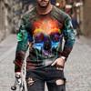 Flame Skull 3D Printed Streetwear Men's T-Shirts Long Sleeve Round-Neck Horror Halloween Man Tops Loose Gothic Round-Neck Tees