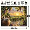 One 2D flat background of a vineyard at sunset, with wine barrels, the glow of the setting sun and grapevines - polyester