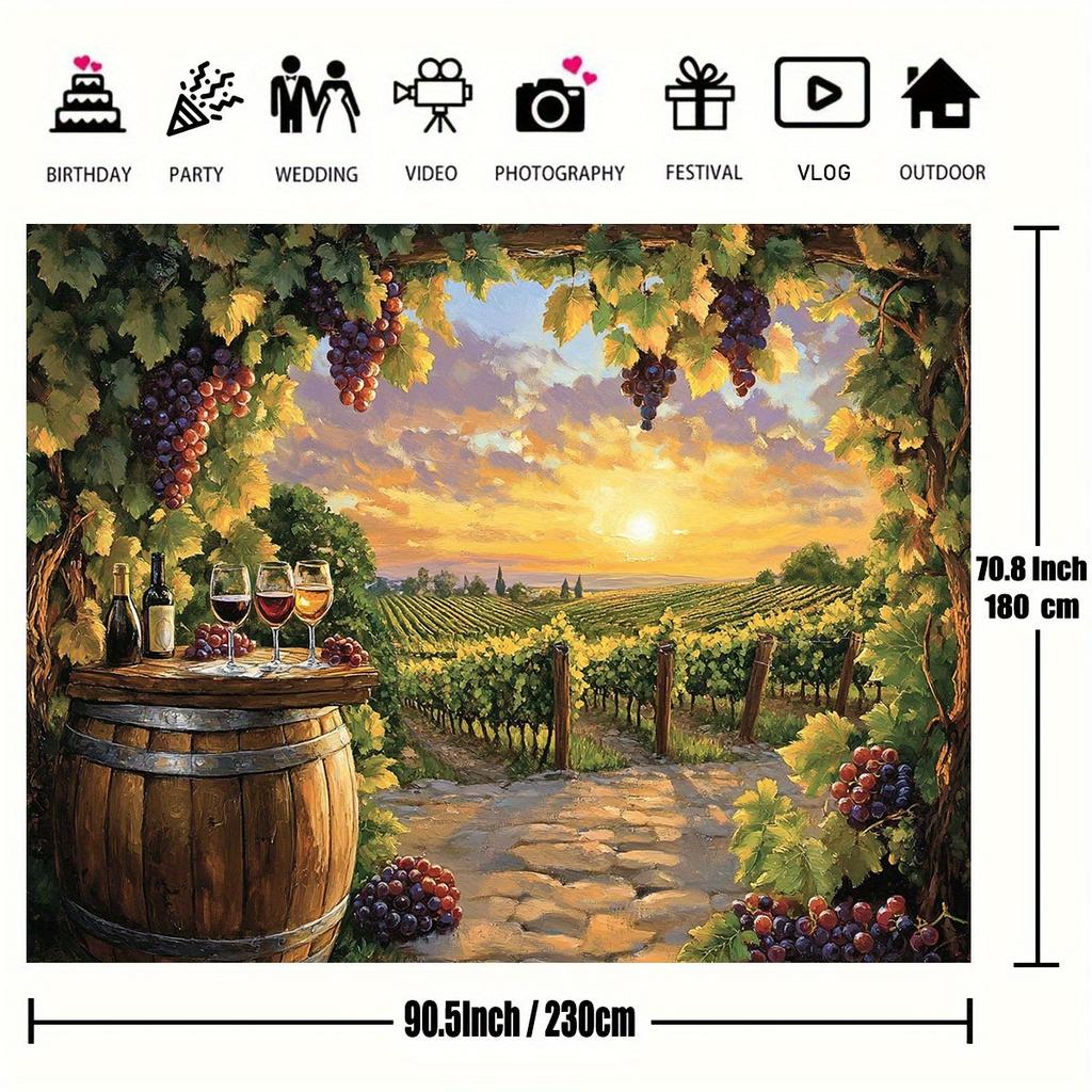 One 2D flat background of a vineyard at sunset, with wine barrels, the glow of the setting sun and grapevines - polyester