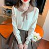 Elegant Long Sleeve Women's Blouse Fashion Sweet Peter Pan Collar Knitted Shirt for Women Autumn Winter Slim Vintage Solid Bow Tie Ladies Tops 24742