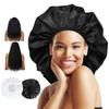 Two-Piece Extra-Large Waterproof Bath Cap Set, Reusable for Long Hair, Thick Curls, and Braided Styles (Black + White)