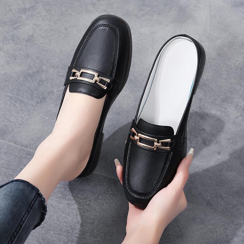 Fashion New Spring and Summer Half Slippers Leather Women Casual Flat Shoes Light Non-slip Walking Large Size Women Sandals Single Shoes