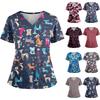 Plus SizePrinted Scrub Working Uniform Tops For Women's Cross V-Neck Halloween Print Short Sleeve Fun T-Shirts Workwear Tee With Pockets