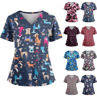 Плюс размерСкраб с принтом Рабочая форма Топы для женщин Крест V-образным вырезом Хэллоуин Принт с короткими рукавами Забавные футболки Спецодежда Футболка с карманами