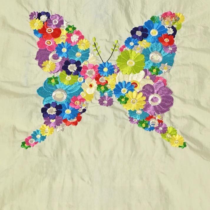 Eco-Friendly Embroidered Nylon Shopping Bag with Butterfly and Flower Designs, Convertible Hand-Held/Shoulder Style.