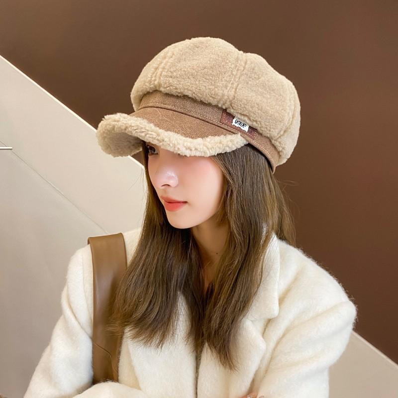 Autumn and Winter Hats Women's Imitation Lamb Wool Fashion Leather Label Octagonal Hat Warm and Cold-proof Face Cap
