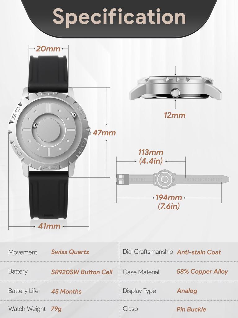 Магнитный шарикоподшипник кварцевый минимализм серебристо-черный резиновый ремешок [EUTOUR] Часы, Дизайн, Мужские часы, Часы, Повседневные, Водонепроницаемые, 40MM, Циферблат,