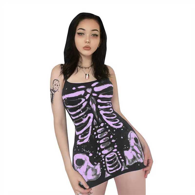 Y2k скелет принты облегающее платье одежда на Хэллоуин готическое лето без рукавов тонкие бретельки мини платья вечеринка клуб уличная одежда