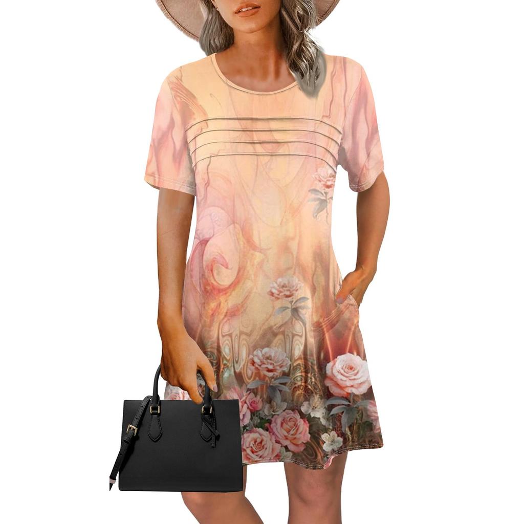 Женское летнее винтажное платье с цветочным принтом, повседневное платье с коротким рукавом и круглым карманом