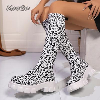 Модные ботфорты на массивной платформе для женщин, осенне-зимняя мода, эластичные ботинки-носки, толстая подошва, высокий голенище, длинные боты женские, леопард