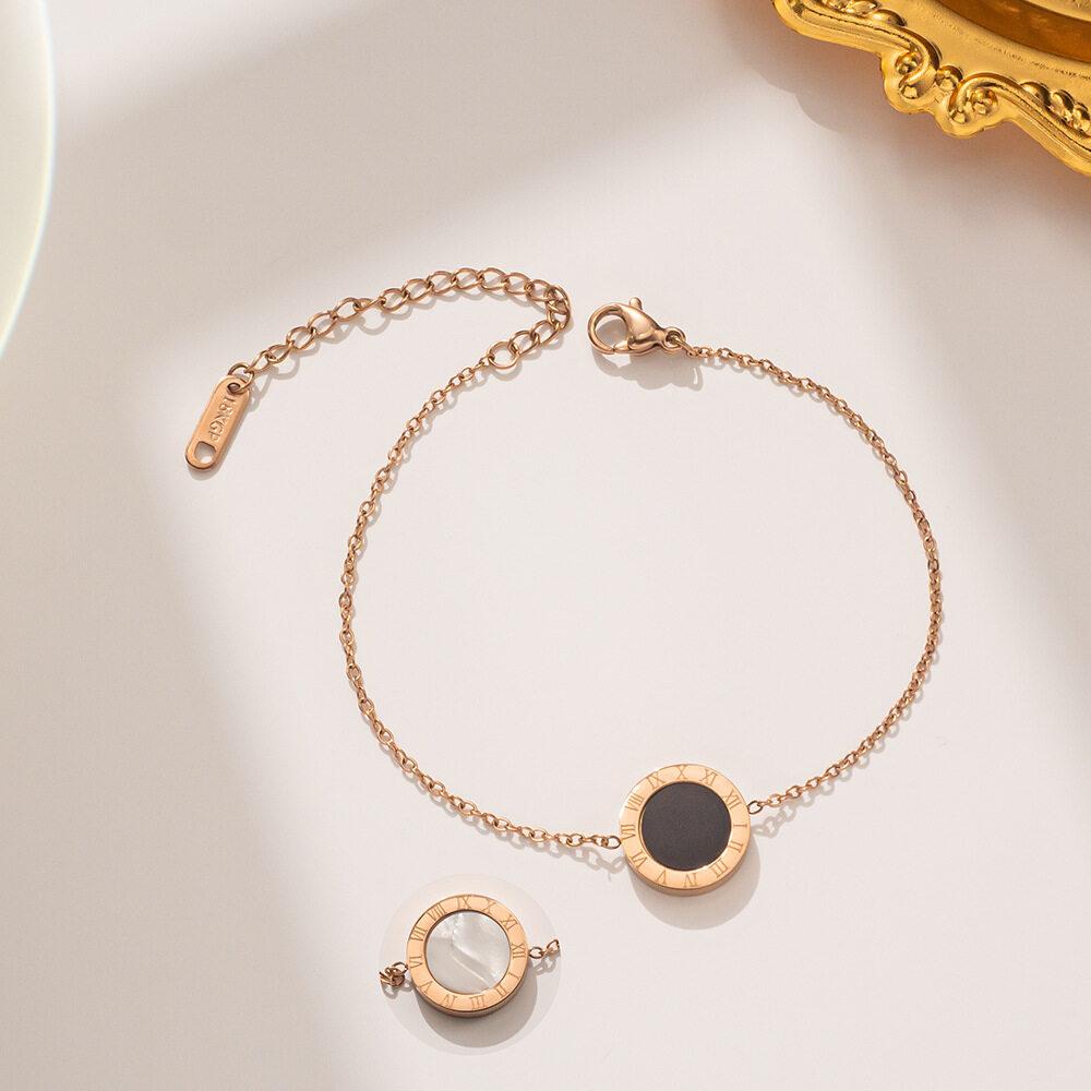 Темпераментный двусторонний браслет из нержавеющей стали, черный/цвет ракушки, четырехлистный клевер, элегантный браслет из розового золота