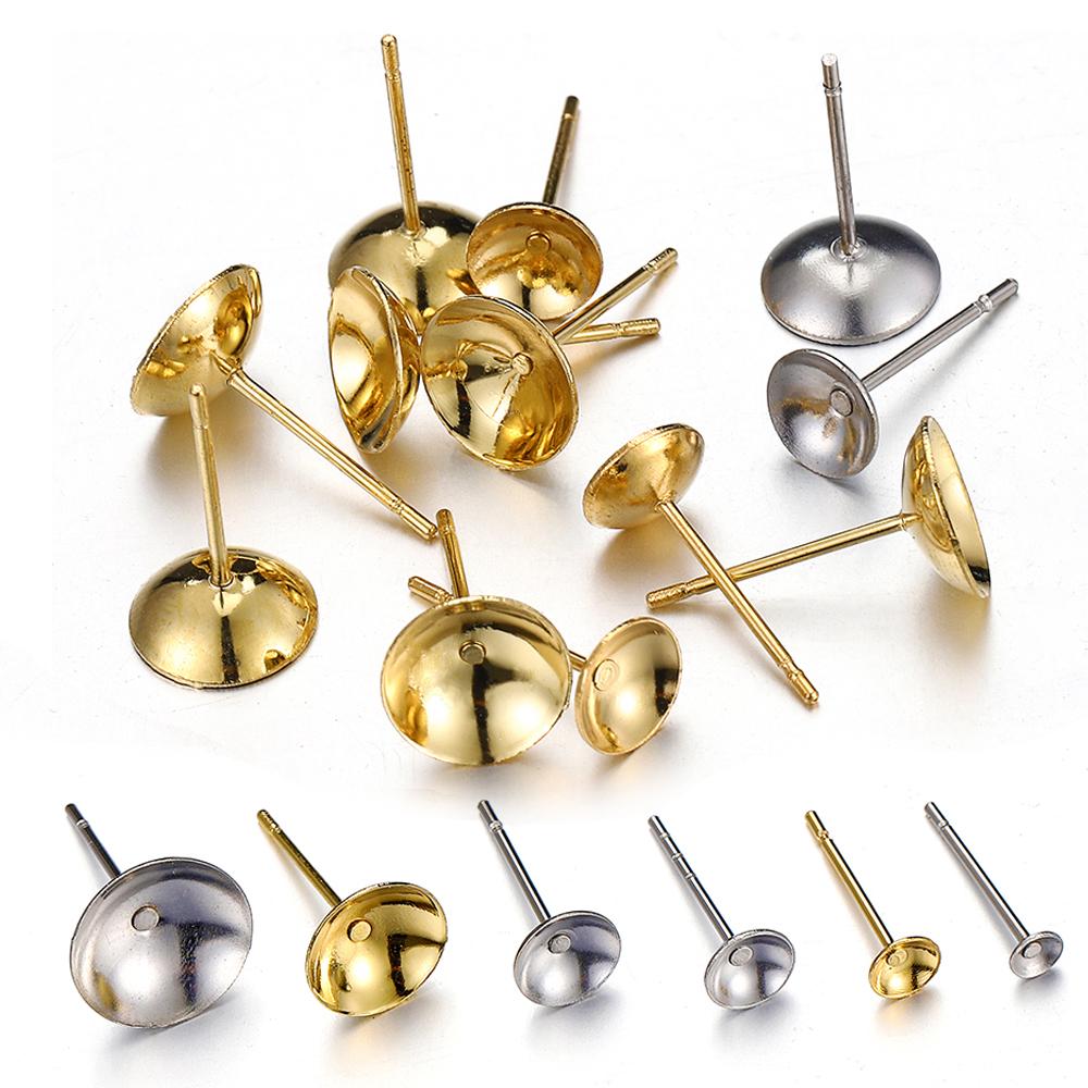 50pcs 3-8mm Stainless Steel Ear Studs Base for Pearl Earrings Earring Base for Jewelry Making DIY Gold Color Accessories