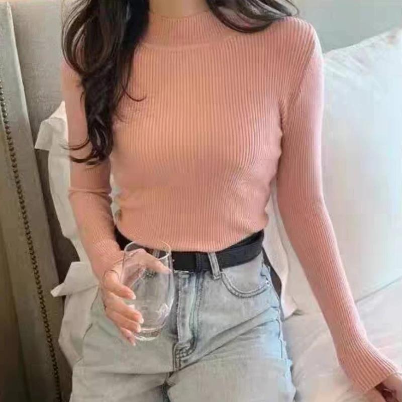 Осенние длинные рукава свитера женские полувысокий воротник вязаные свитера женские повседневные трикотажные топы однотонные облегающие зимние одежды 27972
