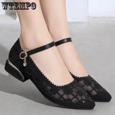 Клетчатые сетчатые полые женские сандалии с пряжкой и ремешком, неглубокий рот, острый нос, дышащий низкий каблук, удобные туфли-лодочки из мягкой кожи, весна-лето