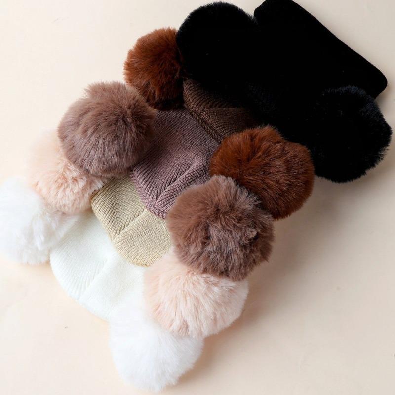1pc solid color Beanie with Double Hairball,Winter Warm Leisure windproof multifunctional Kids Knit Cap For Autumn and Winter